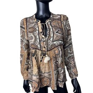 Vici Paisley Tassel Tie Boho Blouse - Brown & Black